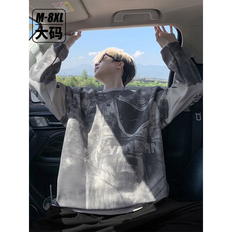 JEZINPOR Camiseta masculina de manga comprida estilo americano solta oversize estampada Top plus Size moletom com gola r