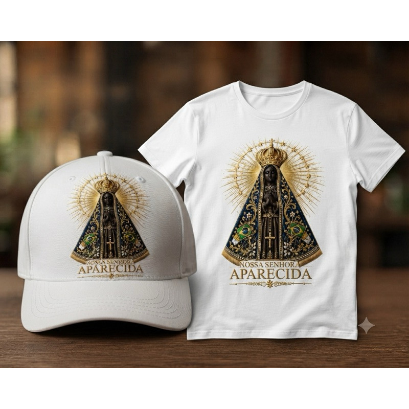 Kit Religioso Fé & Devoção: Camiseta 100% Algodão + Boné Premium Nossa Senhora Aparecida | Envio Rápido