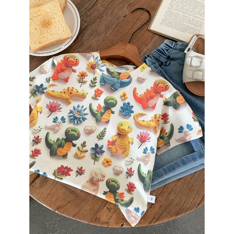 Meninos dinossauro camiseta de manga curta verão crianças puro algodão meninos meia manga topo versão coreana Casual cri