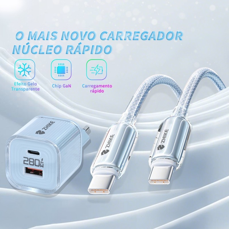ZHIKE Original Kit Cabo Carregador 280W Carregamento Rápido Adaptador GaN PD USB C 65W 1M Cristal Transparente Universal