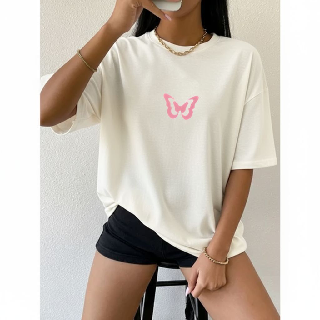 Camiseta Tshirt Oversized 100%Algodão Academia Treino Casual Fofa Minimalista Feminina Borboleta