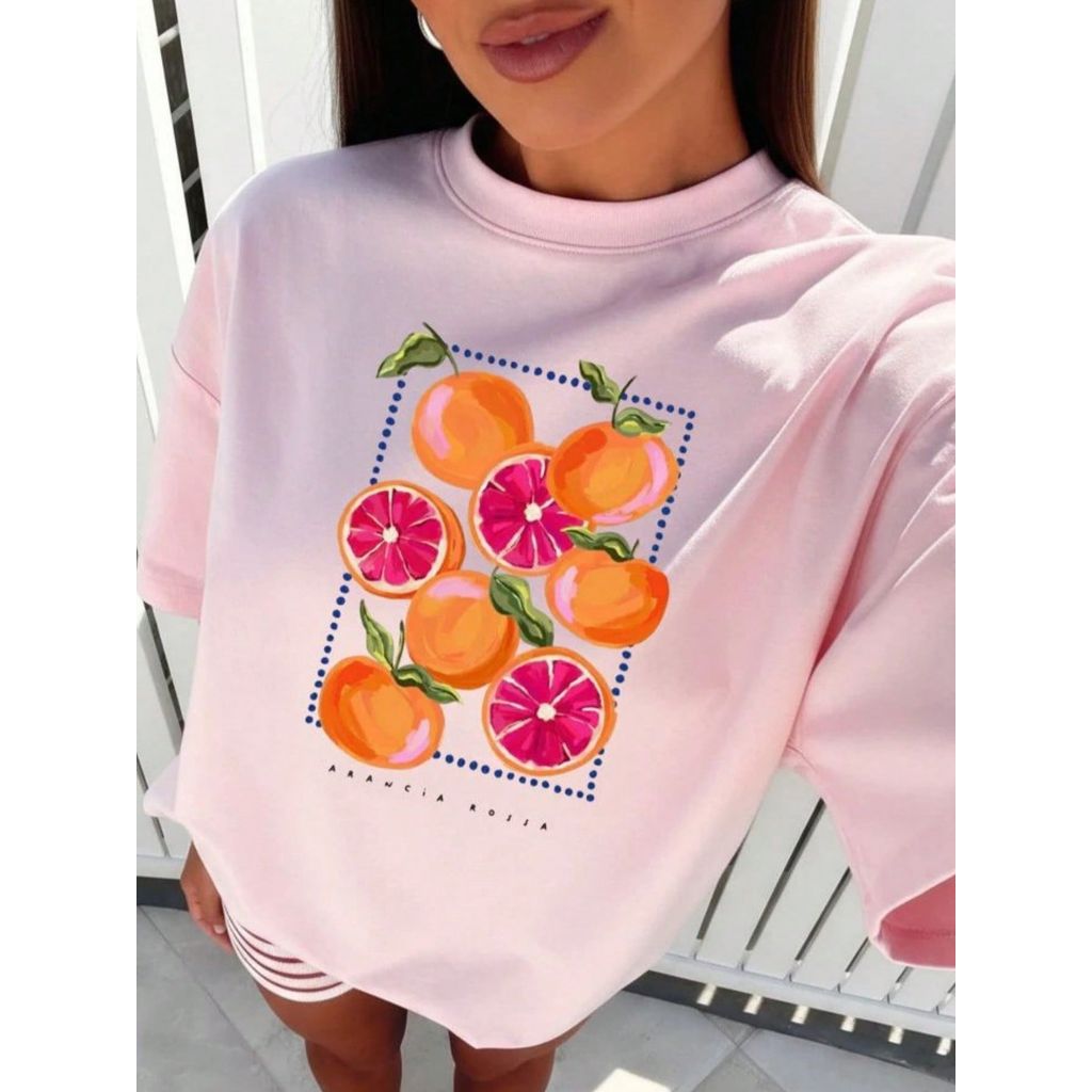 Camiseta Feminina Estilosa Casual 100% Algodão Tecido Leve Confortável Suave Streetwear Modelo: Aranchia Rossa Citrus
