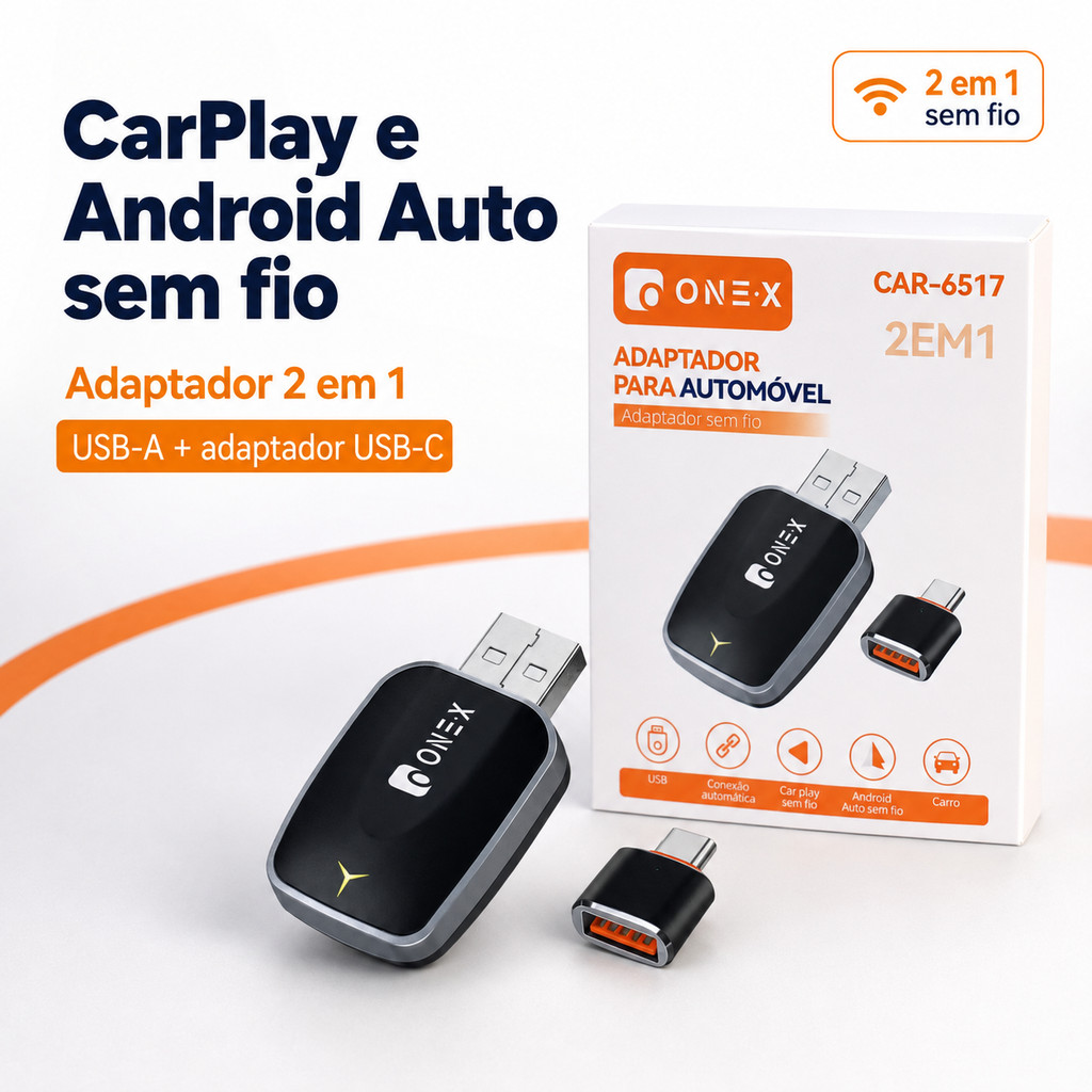 Adaptador Sem Fio 2 Em 1 CarPlay E Android Auto, Wi-Fi 2.4G/5.8G, Bluetooth 5.4, USB, Plug and Play