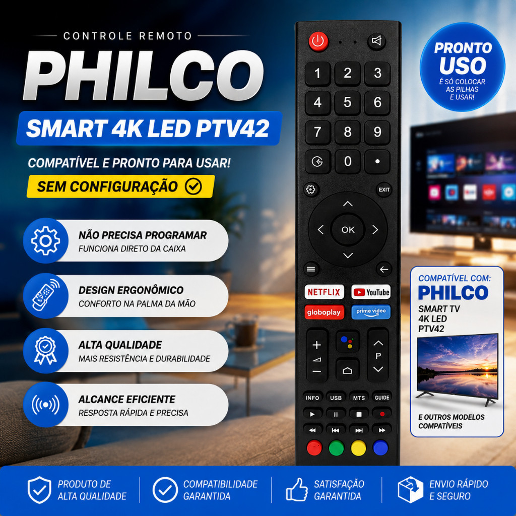 Controle Remoto TV Philco Smart 4K LED PTV42 Compatível Pronto Uso Netflix YouTube