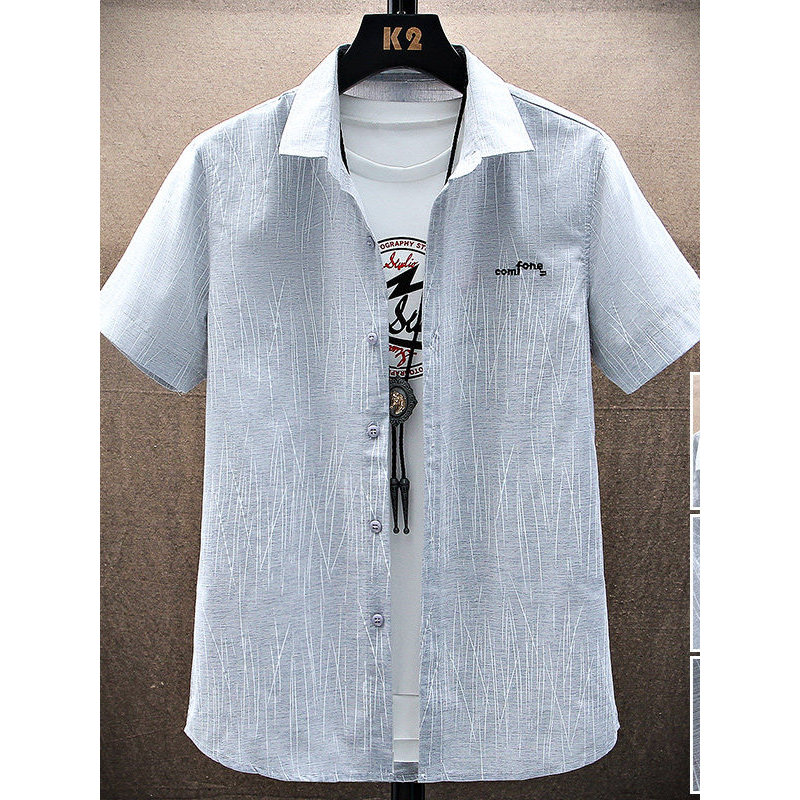 Camisa masculina de manga curta verão estilo fino High-End adolescente camisa Casual masculina na moda padrão escuro rou