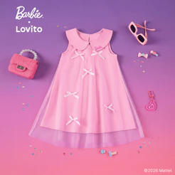 Barbie™ X Lovito Kids Vestido Rosa Menina Primavera/Verão Flare até Joelho Bordado e Laço LBL5AD029