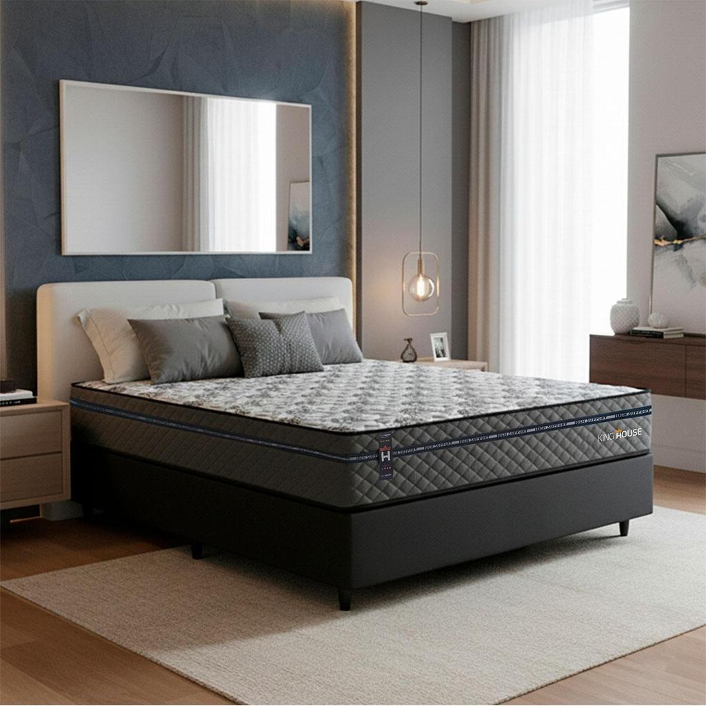 Conjunto Cama Box c/ Molas Ensacadas Montreal Cinza Casal 138x188x64