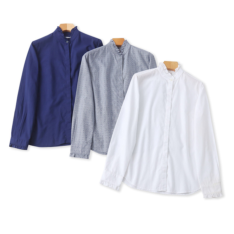 Comércio exterior europeu americano senhoras camisa de manga comprida primavera novo estilo renda gola alta botão escond
