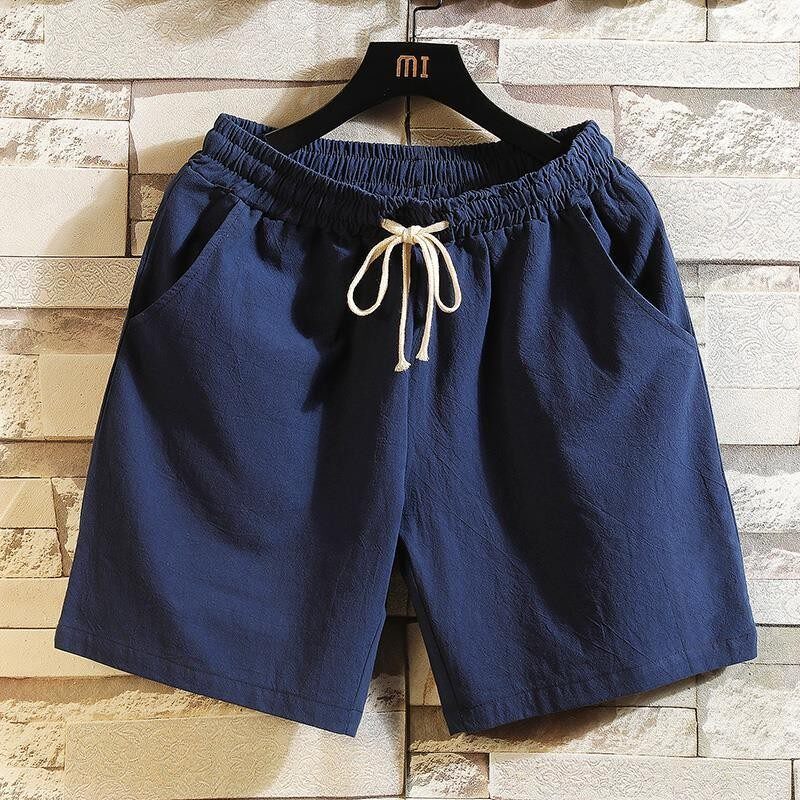 Shorts simples com cordão de cor sólida masculino verão linho tamanho grande algodão linho calças de cinco pontos estuda