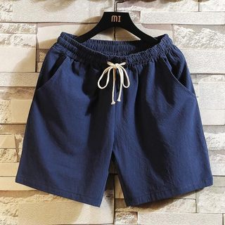 Shorts simples com cordão de cor sólida masculino verão linho tamanho grande algodão linho calças de cinco pontos estuda