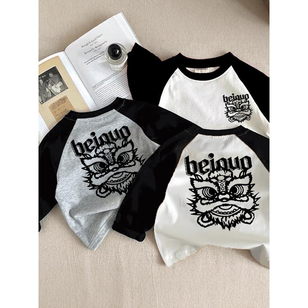 100% algodão camiseta infantil Raglan ombro manga comprida camisa de fundo outono médio pequenas crianças soltas meninos