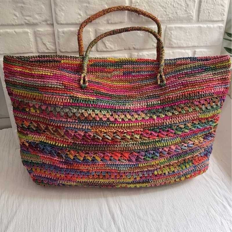 Natural colorido ráfia mão gancho bolsa de ombro balde feminino verão beira-mar férias grande capacidade tecido sacola