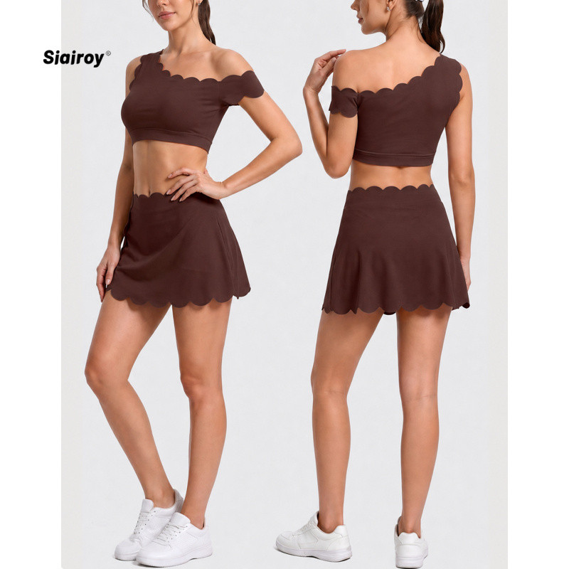 Imagem SIAIROY Yoga esportes terno feminino rendas ombro inclinado Pilates roupas de Fitness verão ao ar livre nu magro-ajuste 