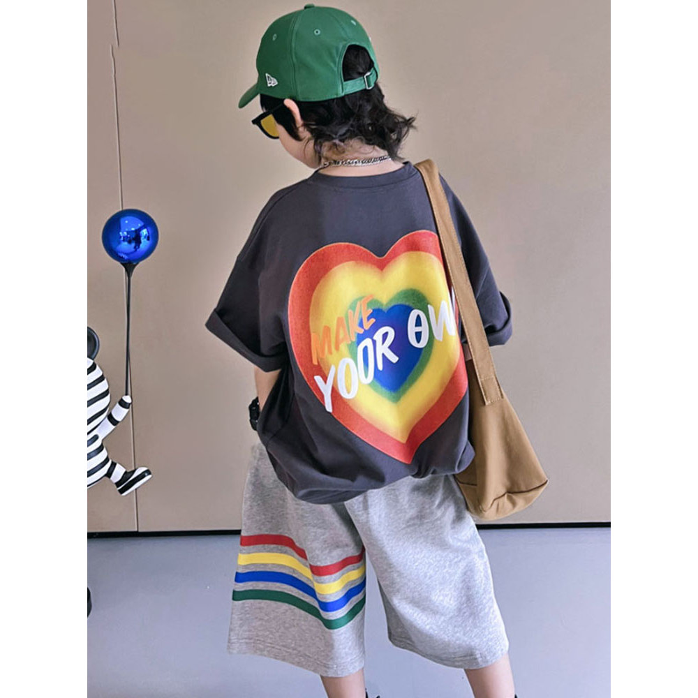 Meninos camiseta de manga curta algodão puro 2026 verão novo estilo amor estilo ocidental camisa de fundo crianças solto
