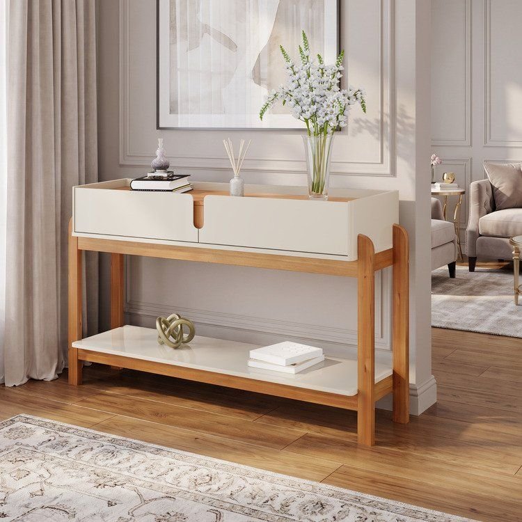 Aparador para Sala de Estar 2 Gavetas Lizz Bege/Off White/Cedro Off White/Cedro