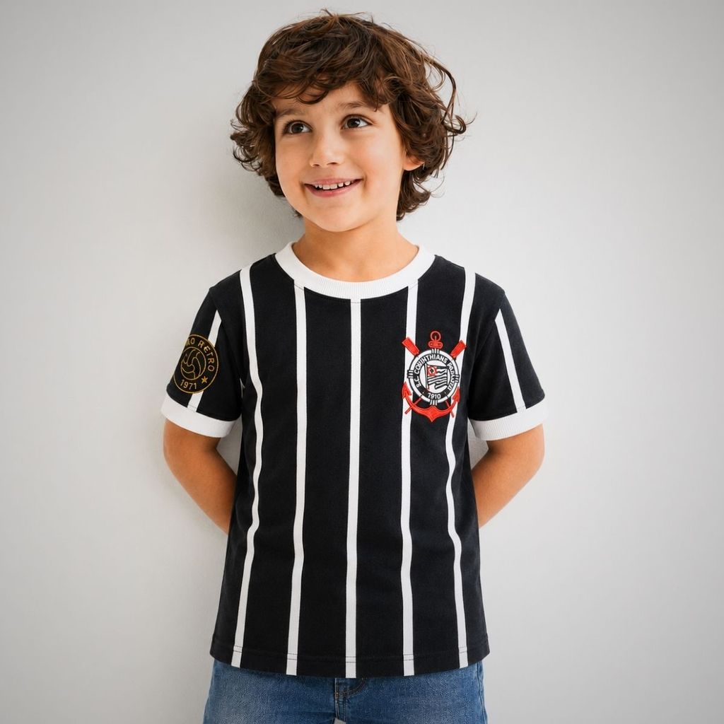 Camisa Corinthians Infantil Retrô 1977 Nº 8 Algodão Escudo Bordado Torcedor