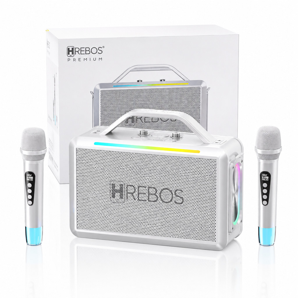 Caixa de Som Bluetooth Hrebos com 2 Microfones Sem Fio UHF Karaokê RGB Portátil Branca