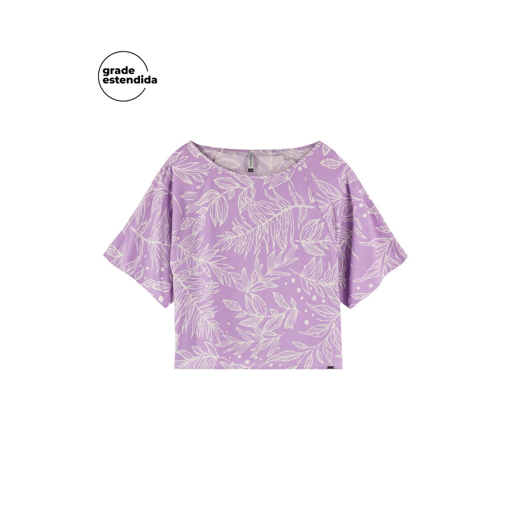 Blusa Feminina Estampada Folhagens com Recorte Mangas Marialícia Lilás