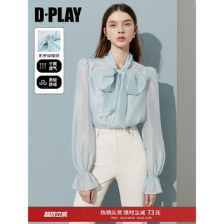DPLAY camisa azul feminina francesa elegante arco camisa High-End manga comprida topo 2026 outono novo estilo