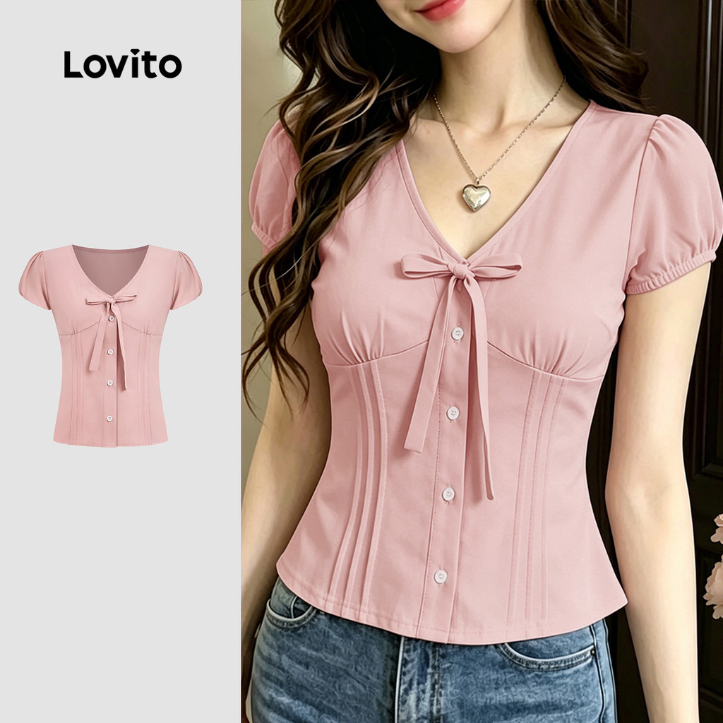 Lovito Blusa Casual Rosa com Cadarço e Botão Frontal Primavera/verão para mulheres Bordado BLB198P1D054