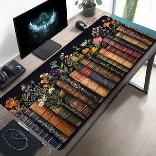 Mouse Pad Gamer Grande Livros Retrô e Flores Silvestres, Tapete para Teclado Antiderrapante Borda Costurada