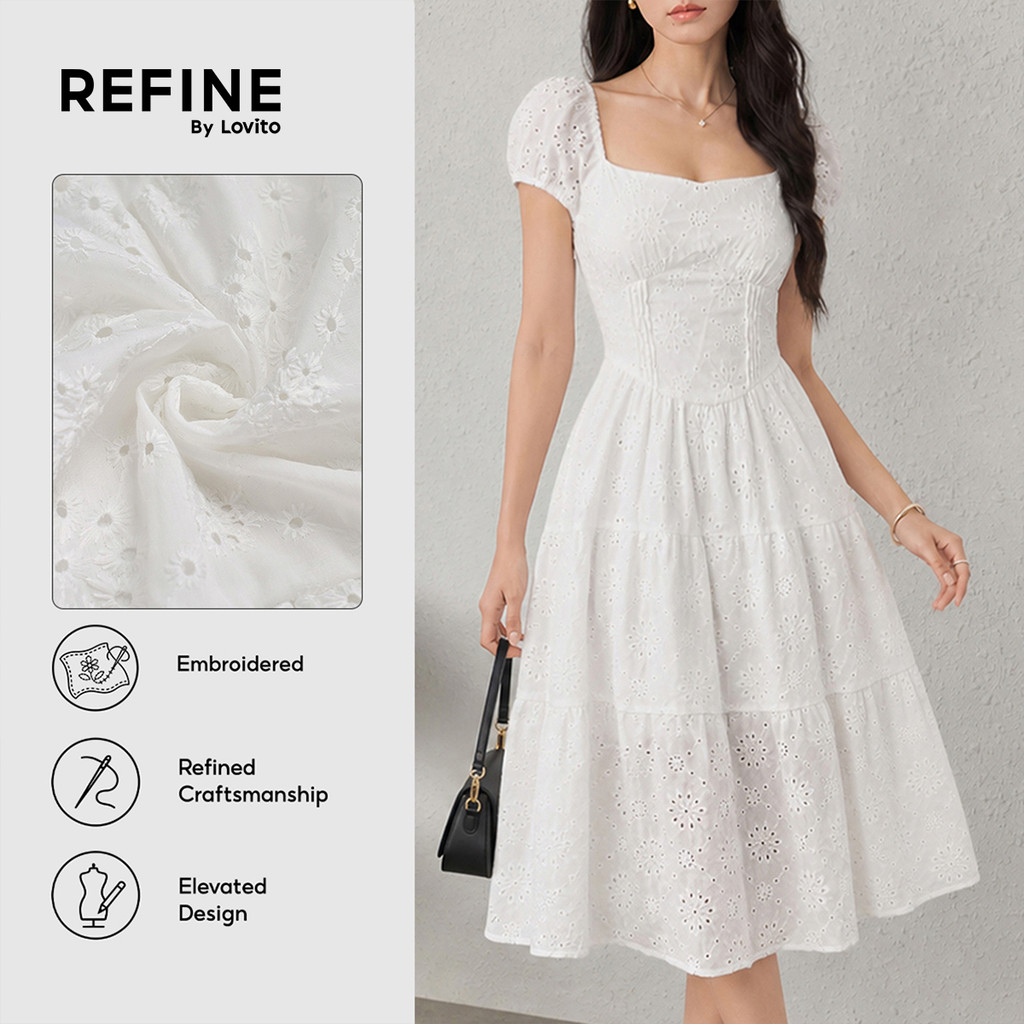 (New) (Refine By Lovito) Vestido Branco Elegante De Jacquard Com Estrutura De Linha Para Primavera/Verão Bordado LR13E224