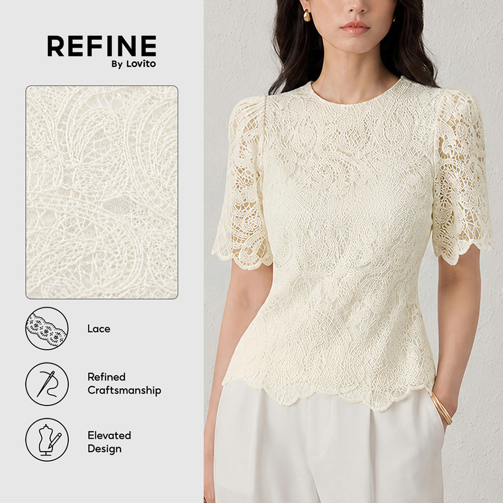 (Refine by Lovito) Delicado Blusa Elegante de Renda com Botão Branca Primavera/verão para Mulheres Bordado Trabalho LR35L014