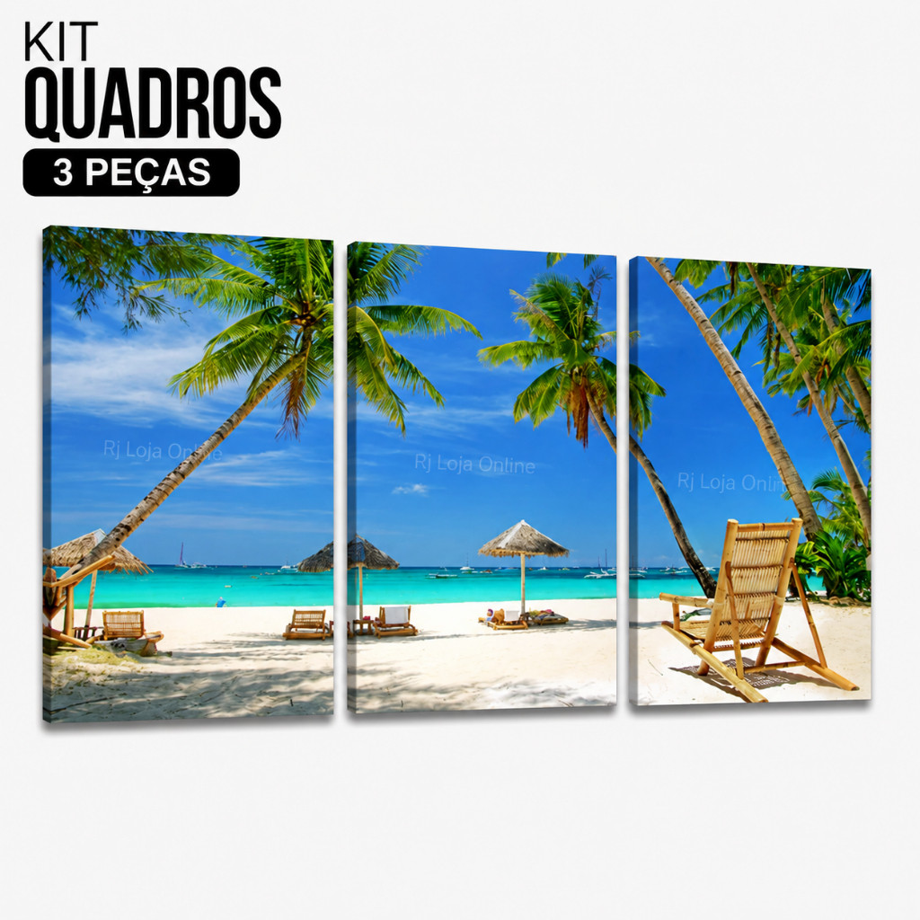 Quadro Decorativo Sala Praia Coqueiro Mar Tropical 3 Peças Decoração Grande Sala Quarto Sa
