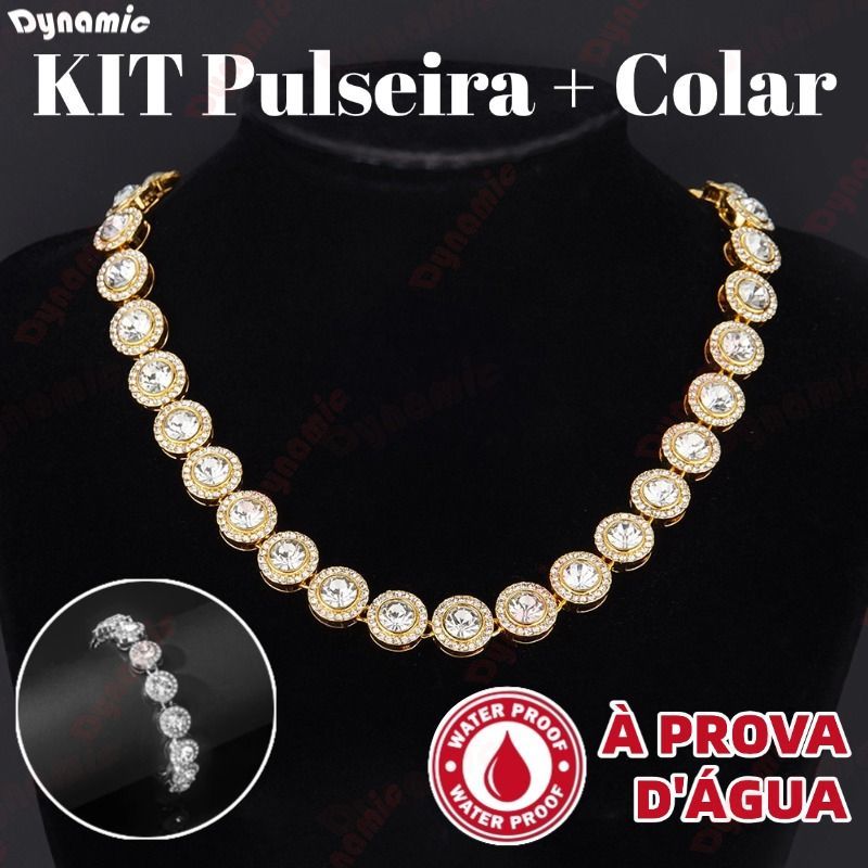 Conjunto Corrente Cubana Redonda e Pulseira Unissex Cravejada com Diamantes Prateado Hip Hop-DY