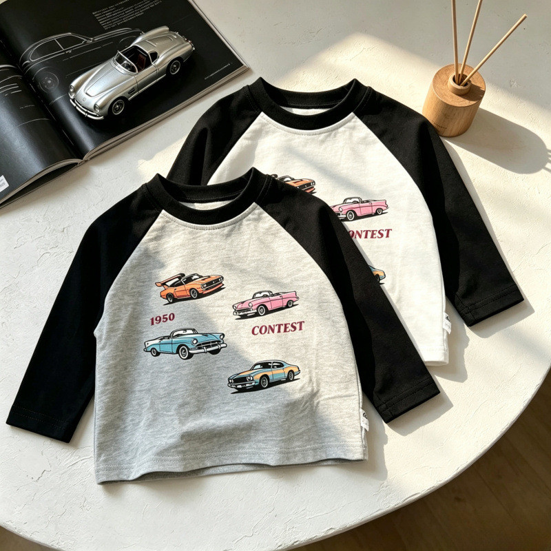 Meninos camiseta de manga comprida primavera outono moda versão coreana simples dos desenhos animados carro impressão co