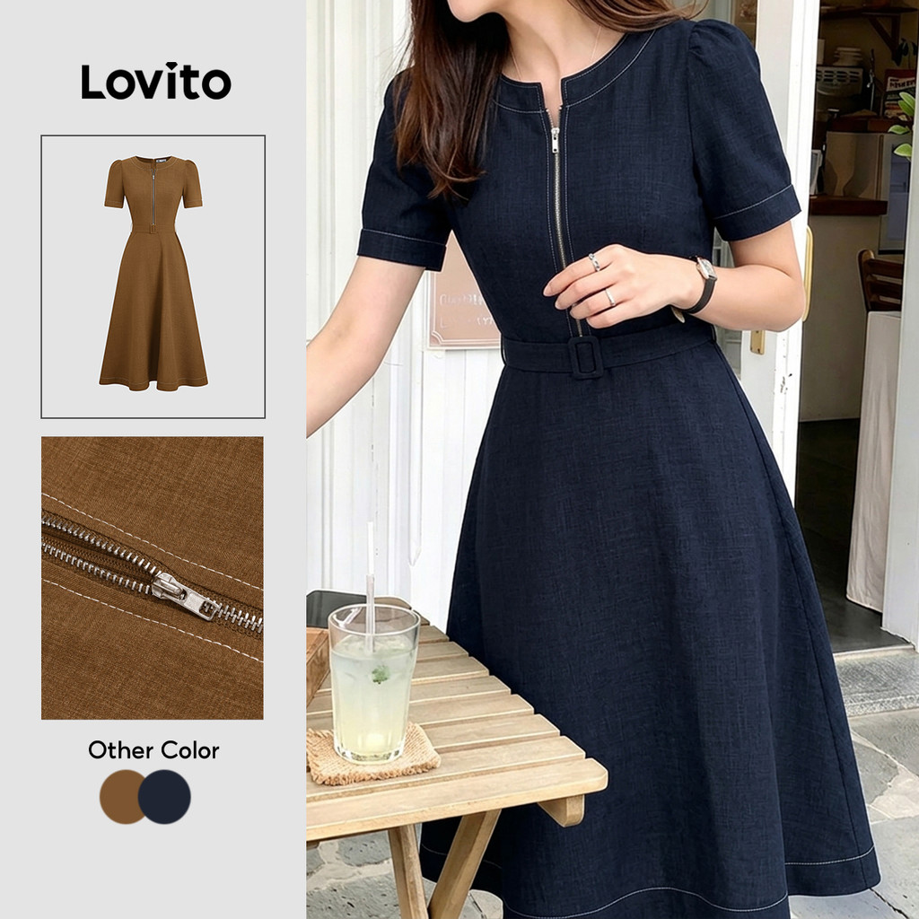 Lovito Vestido Elegante com Zíper e Cinto Azulmarinho de Primavera/verão para mulheres LK7LD198