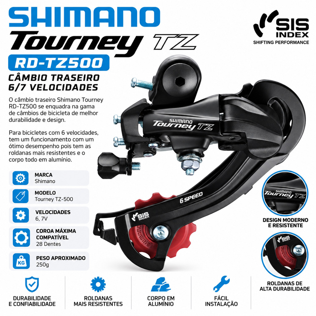 Câmbio Traseiro 6v 6 velocidades Shimano Tourney TZ500 para Bicicleta MTB Sem Gancheira ORIGINAL