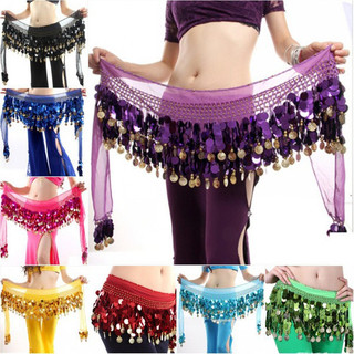 Saia de dança do ventre em chiffon multicolorida e moderna, com cinto de moedas e lantejoulas, modelo C6XQ ASDP.