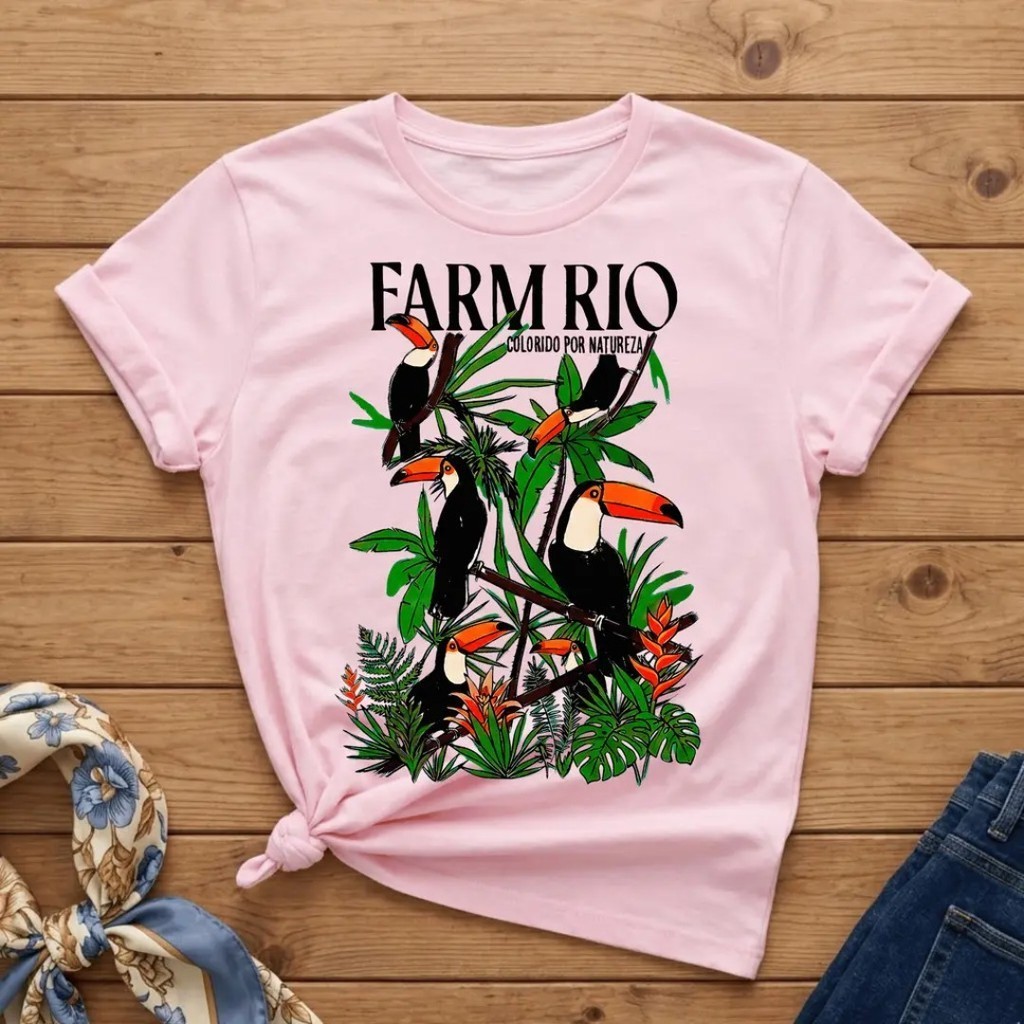 Camiseta Feminina Farm Vintage Rio 100% Algodão Estampa Tropical Tucanos Colorido Por Natureza — imagem 2 de 2