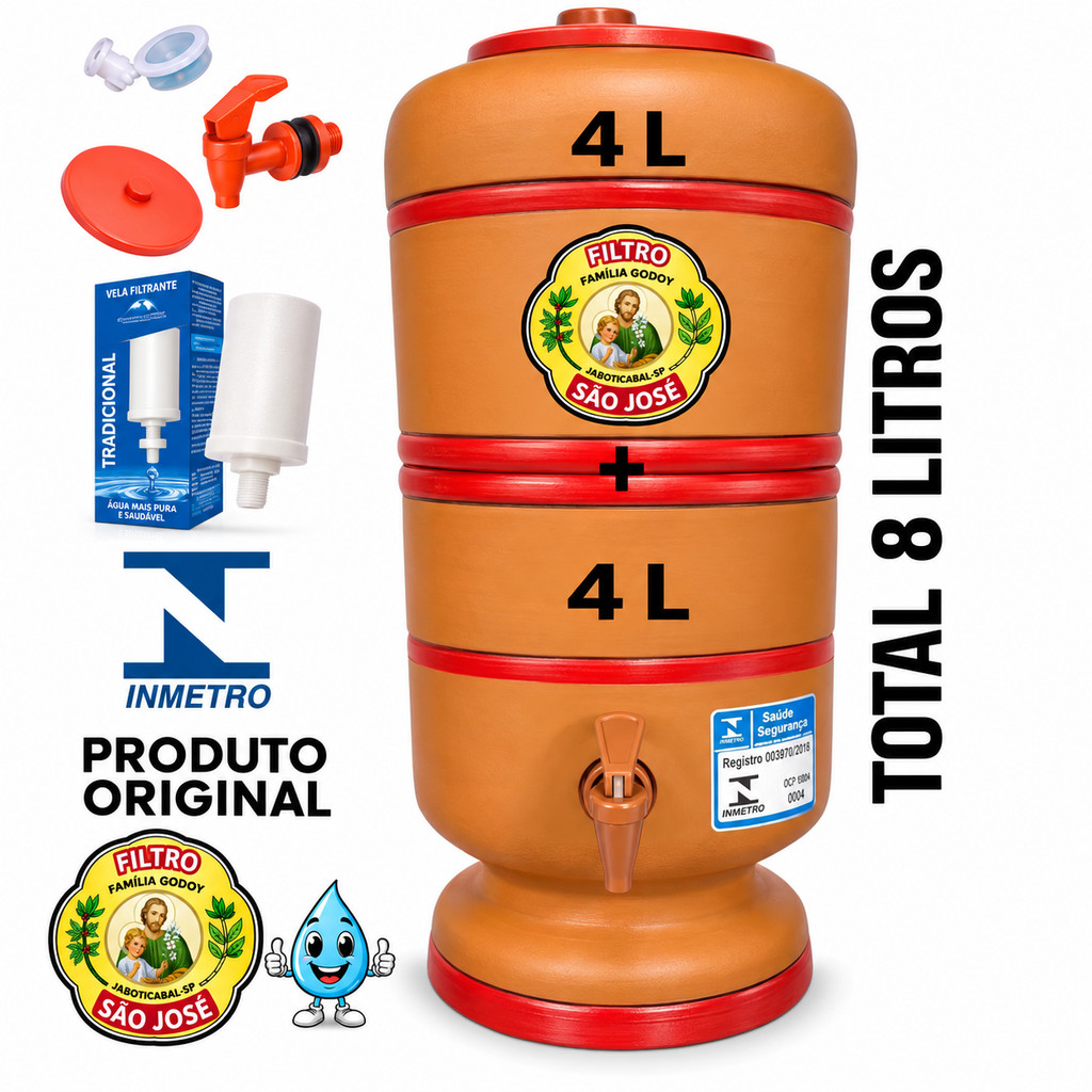 Filtro de Barro São José 4+4 Litros Total 8L com Vela, Boia e Torneira