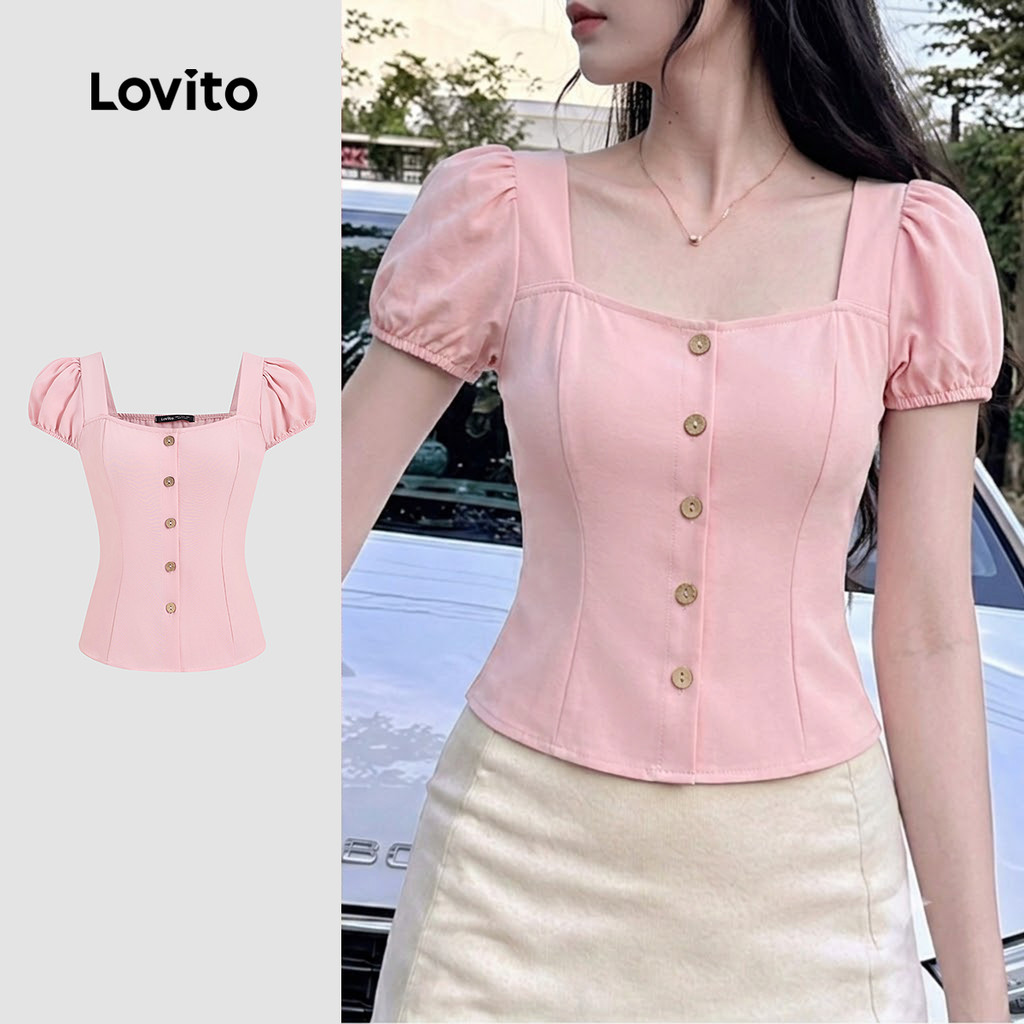 Lovito Blusa Casual Rosa com Botões e Pregas primavera/verão BLB198P1D225