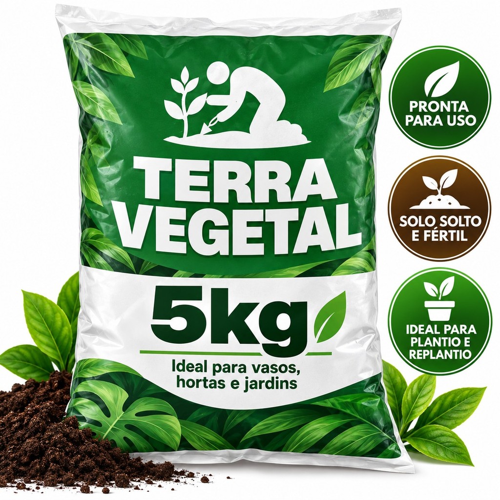 5kg Terra Vegetal Orgânica Adubada Para Plantas, Vasos, Hortas, Jardins e Canteiros