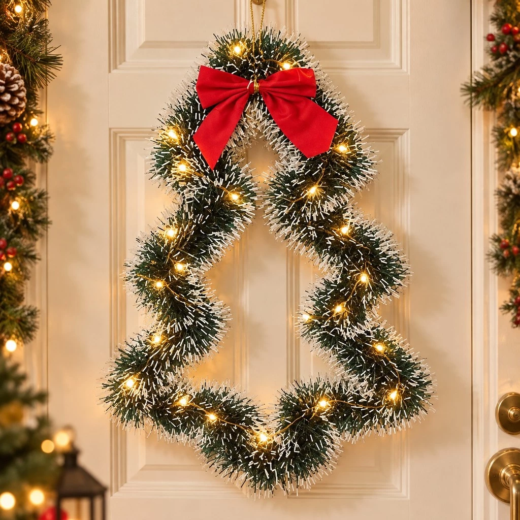 Enfeite de Porta Guirlanda Árvore de Natal Verde e Nevada Decoração Natalina — imagem 1
