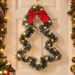 Enfeite de Porta Guirlanda Árvore de Natal Verde e Nevada Decoração Natalina