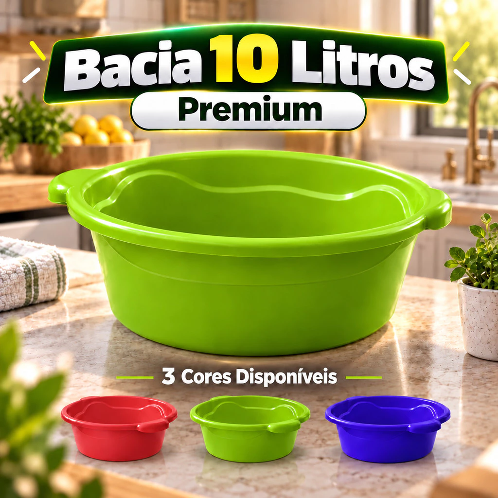 Bacia 10 Litros Plástico Resistente Multiuso Cozinha Lavanderia Limpeza Uso Doméstico Prática 3 Cores