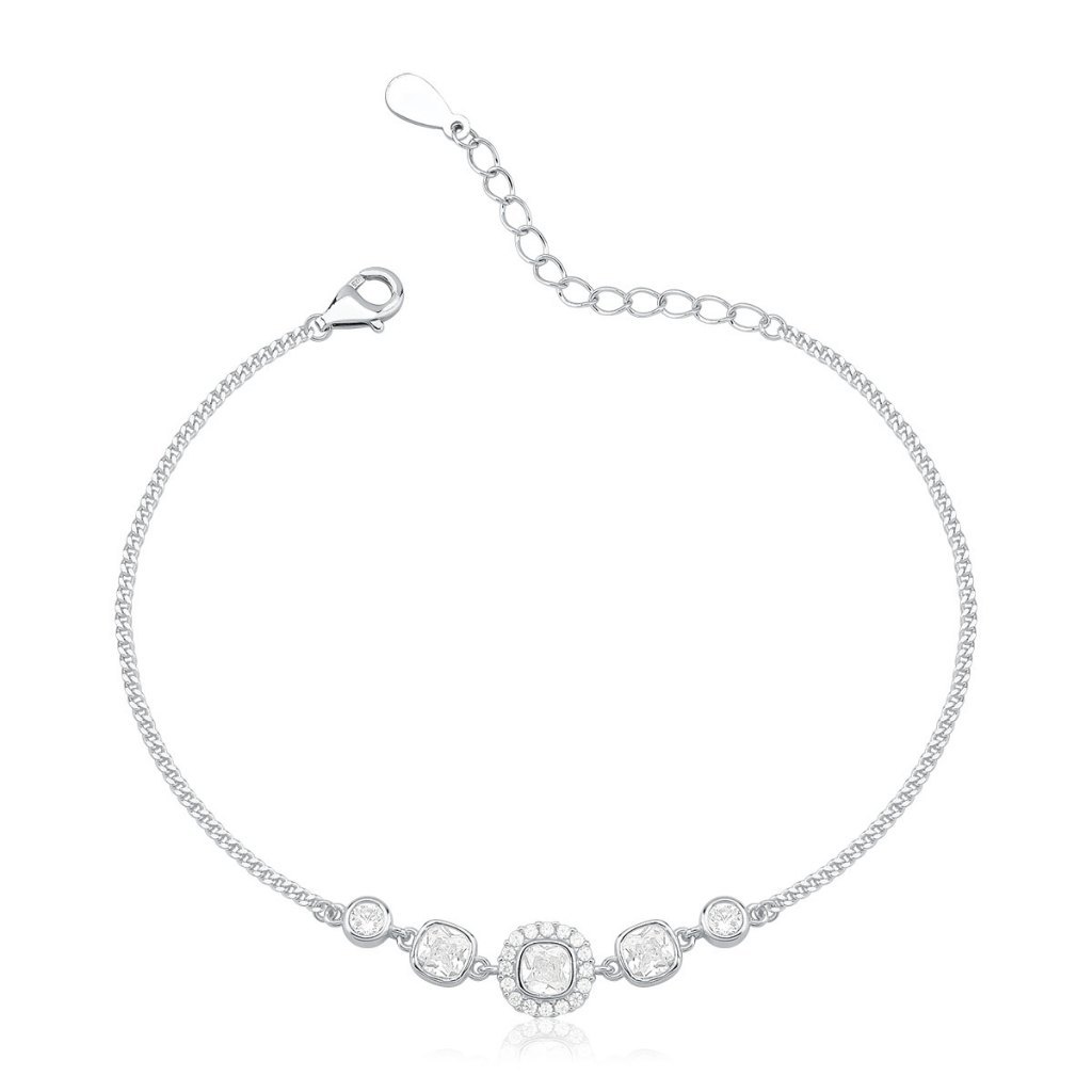 Pulseira Feminina de Prata 925 Grumet com Ponto de Luz Quadrado
