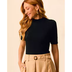 Blusa Básica Feminina Gola Alta Em Canelado De Viscose