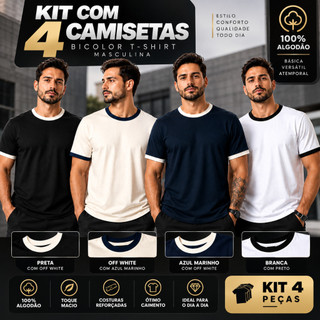 Kit 4 Camisetas T-Shirt Masculinas Bicolor 100% Algodão Manga Curta Casual Confortável