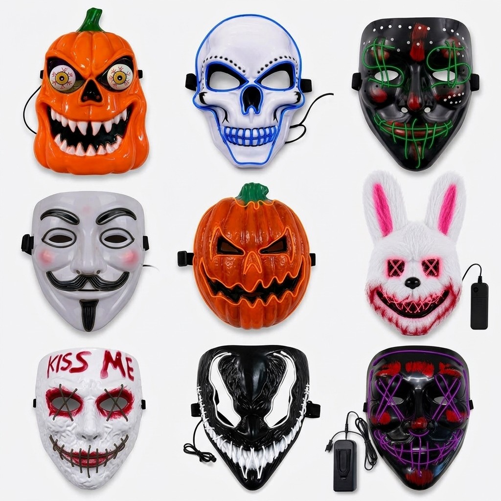 Melhores Máscaras de Halloween c/ Luz LED Neon Terror Cosplay Fantasia Caveira Abóbora Coelho Urso Alien Vários Modelos