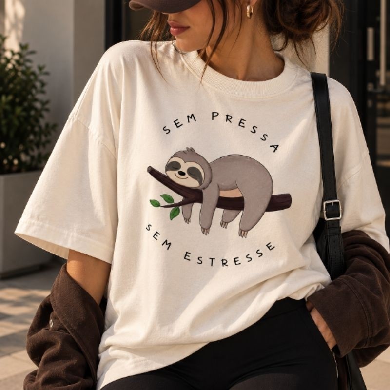 Camiseta Feminina Estilosa em Algodão Confortável Estampa Preguiça Casual T-Shirt Confortável Leve