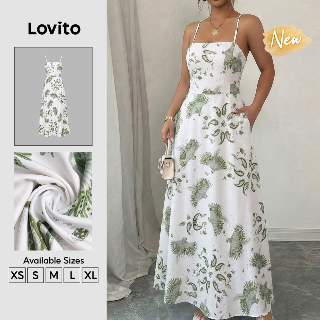 (New Arrival) Lovito Vestido Verde Feminino Boho Com Estampa De Plantas Bolso E Zíper Longo De Corte Evasê Para Primavera E Verão Casual Para Fins De Semana E Férias DRK10BR399