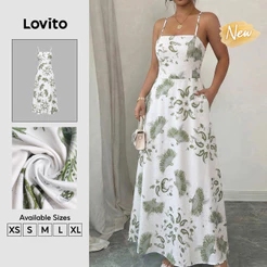 (New Arrival) Lovito Vestido Verde Feminino Boho Com Estampa De Plantas Bolso E Zíper Longo De Corte Evasê Para Primavera E Verão Casual Para Fins De Semana E Férias DRK10BR399