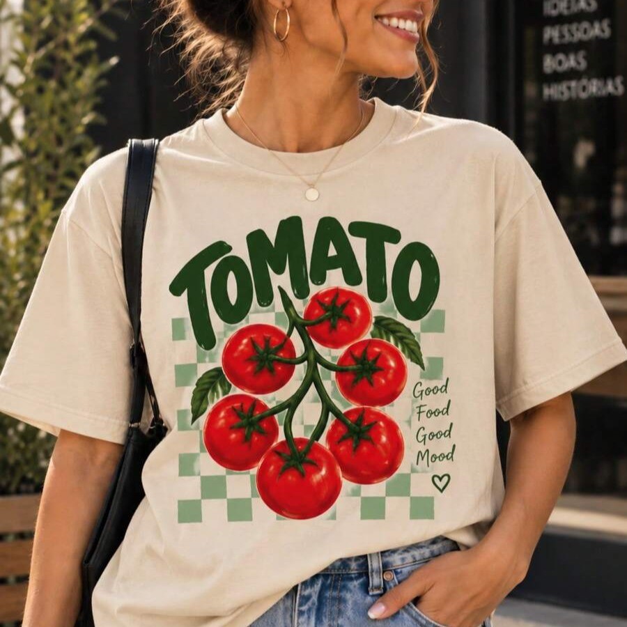 Camiseta Feminina Estiloso Tomato 100% Algodão Premium Blusa Estampada Vintage Moderna Casual Manga Curta Confortável