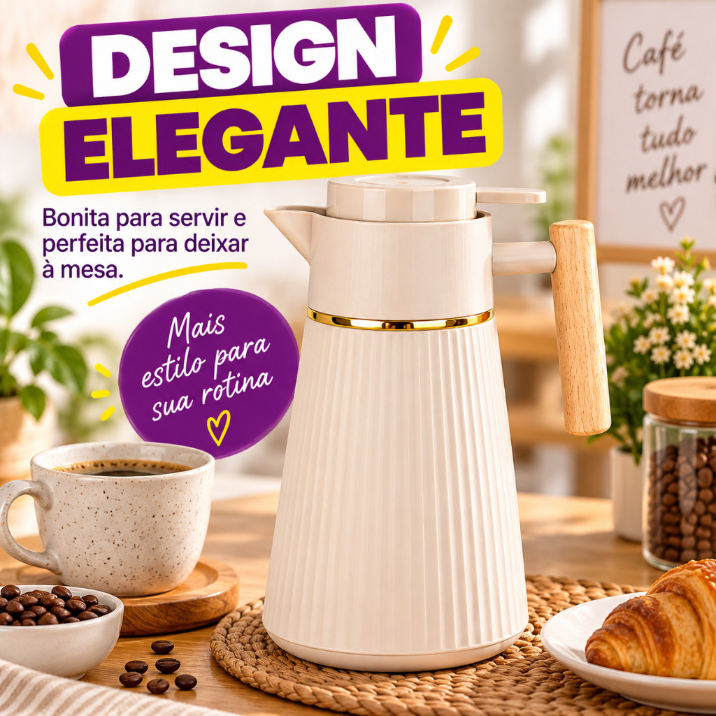 Garrafa Térmica Café 1L com Aro Dourado Alça Madeira 3 Cores