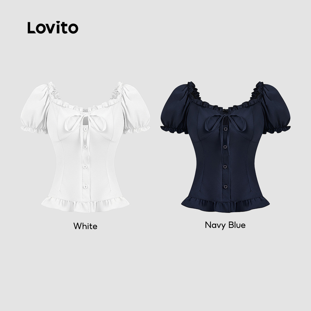 (Casual) Lovito Blusa com Babado Primavera/verão Blusa Azul-marinho para Mulheres L156AD085